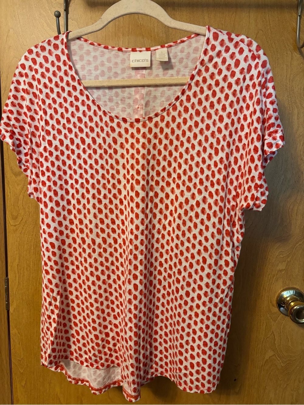 Chico's White Short Sleeve Top with Red Dot Print